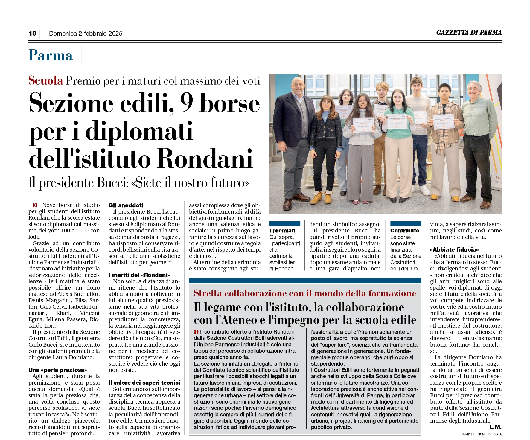 Sezione edili, 9 borse per i diplomati dell'istituto Rondani